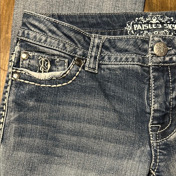 Paisley Sky Blue Boot Cut Jeans with Embroidery and Distressed Details. Size 6 - Picture 4 of 13